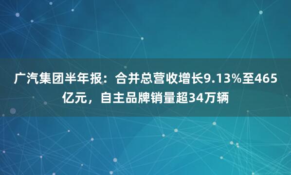广汽集团半年报：合并总营收增长9.13%至465亿元，自主品牌销量超34万辆