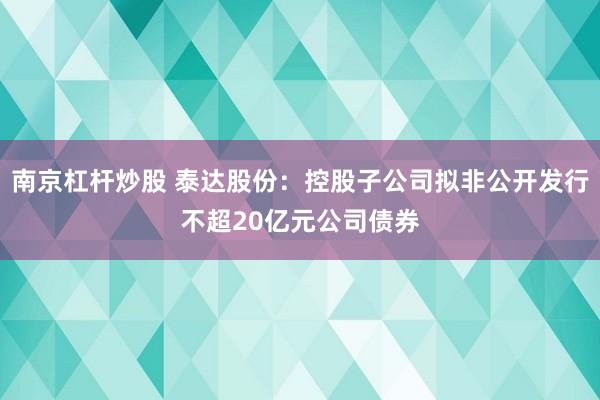 南京杠杆炒股 泰达股份：控股子公司拟非公开发行不超20亿元公司债券